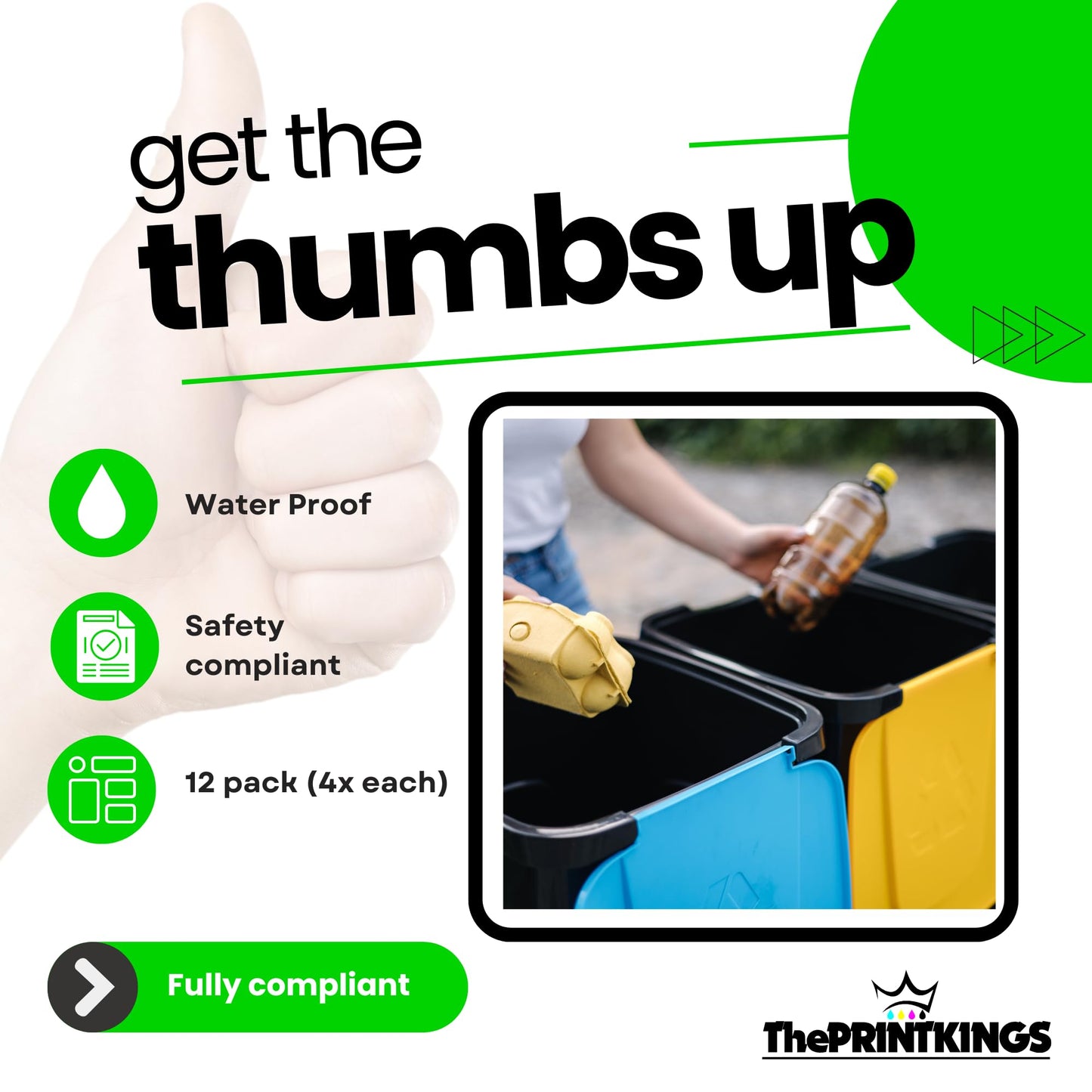 Recycling Stickers for Bins 12x Pack 100mm x 150mm – Mixed Recycling & Food Waste Self-Adhesive Vinyl Stickers, Waterproof Decals, Indoor Outdoor Recycle Signs – Food Waste, Made in UK by Printkings.