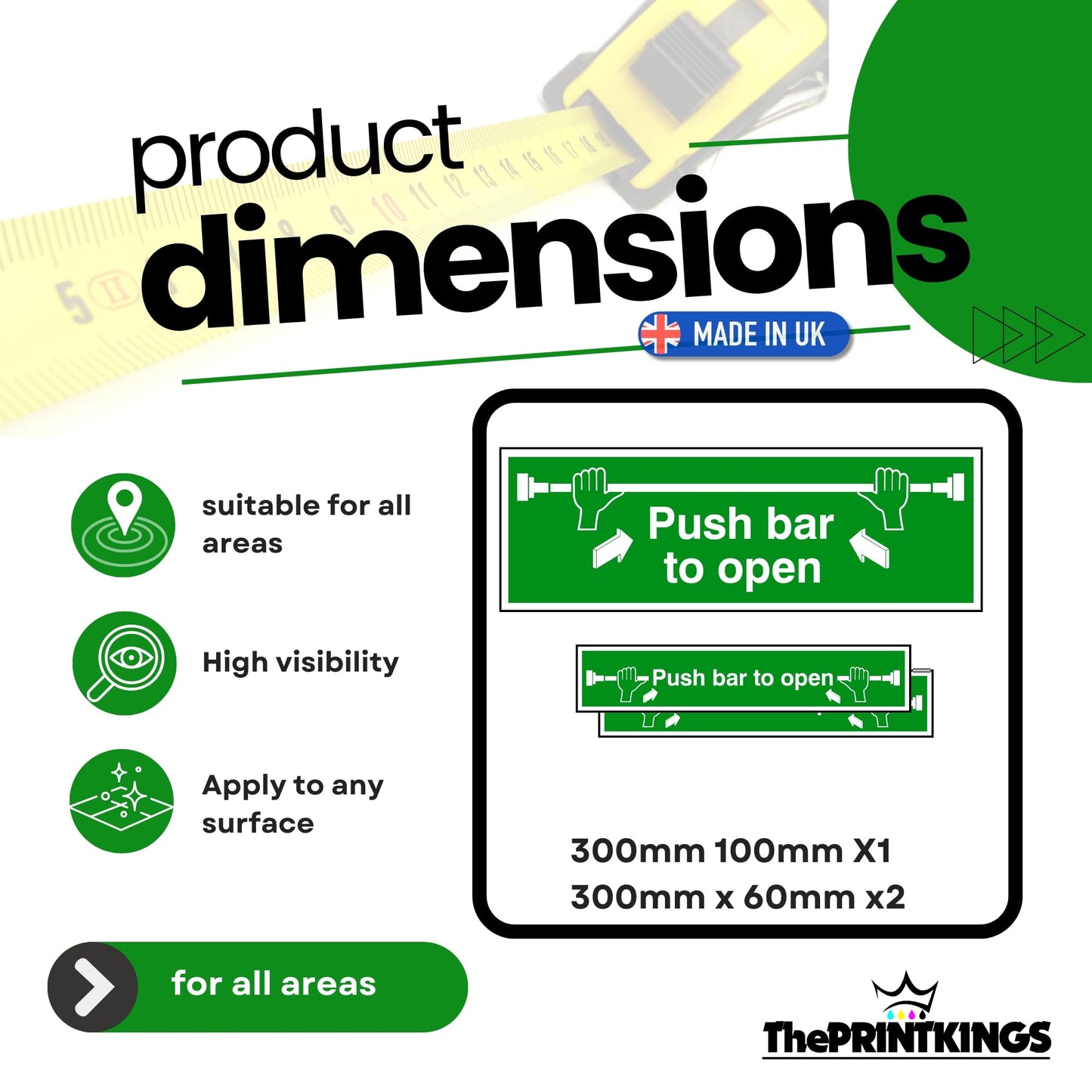 Product dimensions label with green push bar sign and The Print kings branding.
