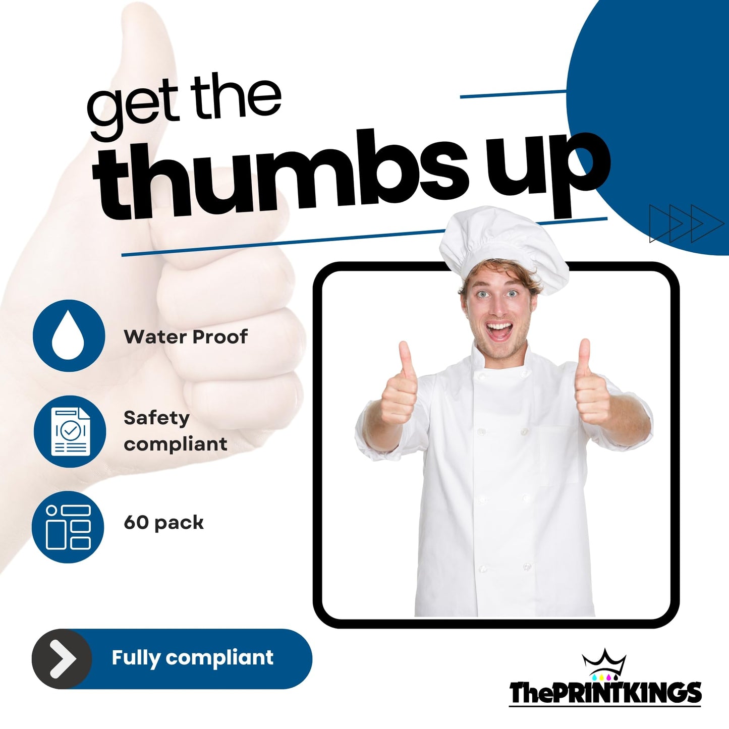 Promotional graphic with a gloved hand giving a thumbs up, text 'get the thumbs up', and a person in a chef's outfit giving a thumbs up.