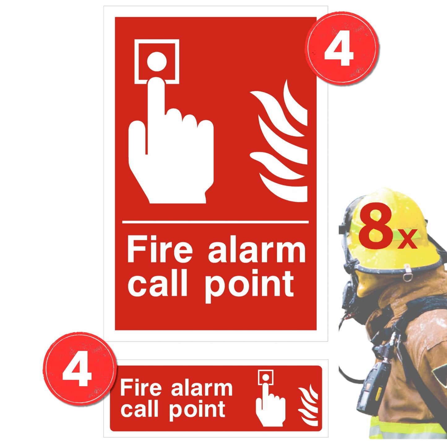 Fire alarm call point sign with a firefighter and multiple call points on a white background