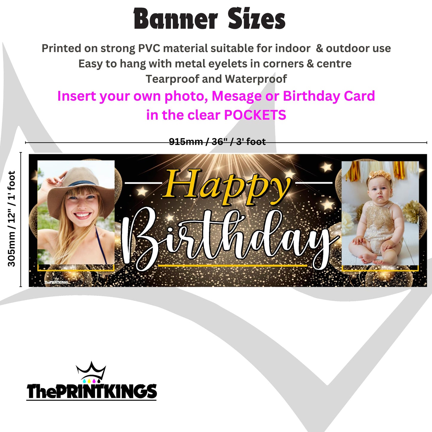 Birthday banner with photos of a woman and a baby, featuring 'Happy Birthday' text, on a white background with product details.