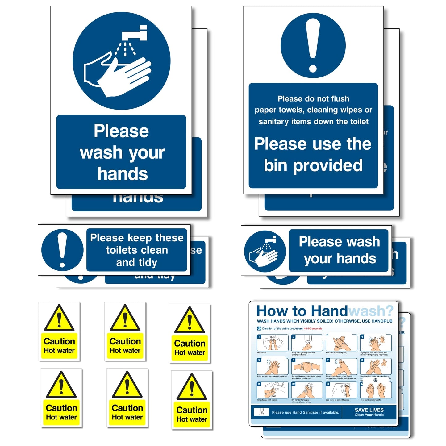 Wash your hands Sign, Hot water signs, keep toilets clean sign,how to wash hands, Comprehensive sticker set, Self Adhesive Vinyl 16 Pcs for 2 washrooms, Health & Safety Compliant, Waterproof, UK made