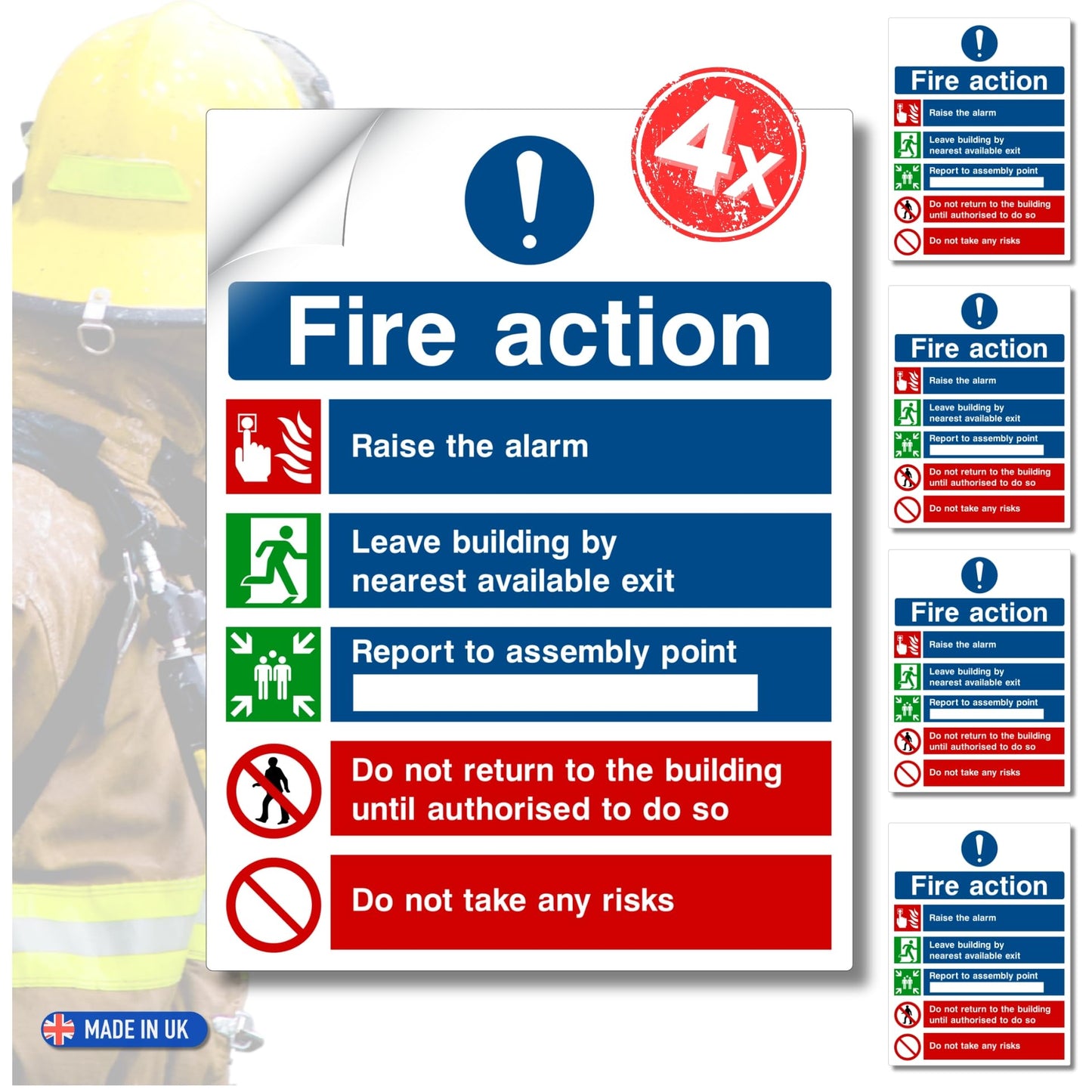 Pack of fire safety signs with instructions and symbols on a white background.