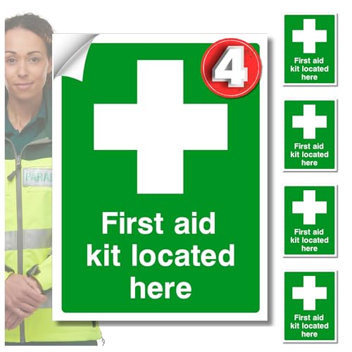 Set of first aid kit location signs with a person wearing a high-visibility jacket.