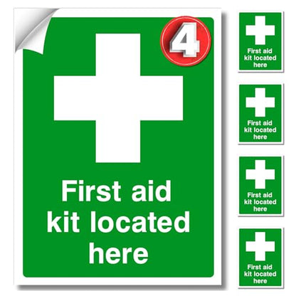 Set of first aid kit location signs with a prominent green cross symbol.