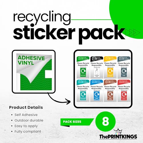 Recycling sticker pack with adhesive vinyl and various recycling labels on a white background.