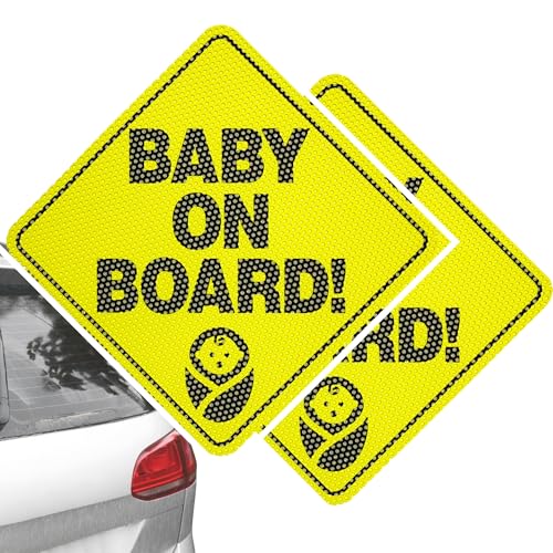 Two yellow 'Baby on Board!' signs with black text and icons on a white background.