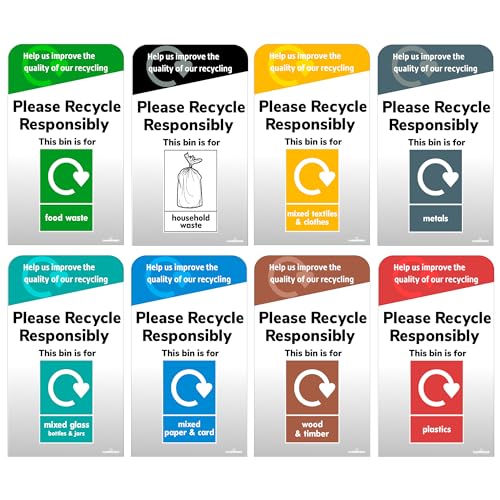 Set of recycling bin labels with icons and text for different types of waste.