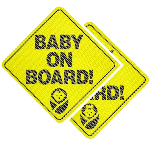 Two yellow 'Baby on Board!' signs with black text and a baby graphic on a white background.