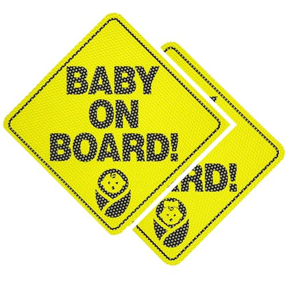 Two yellow 'Baby on Board!' signs with black text and a baby graphic on a white background.