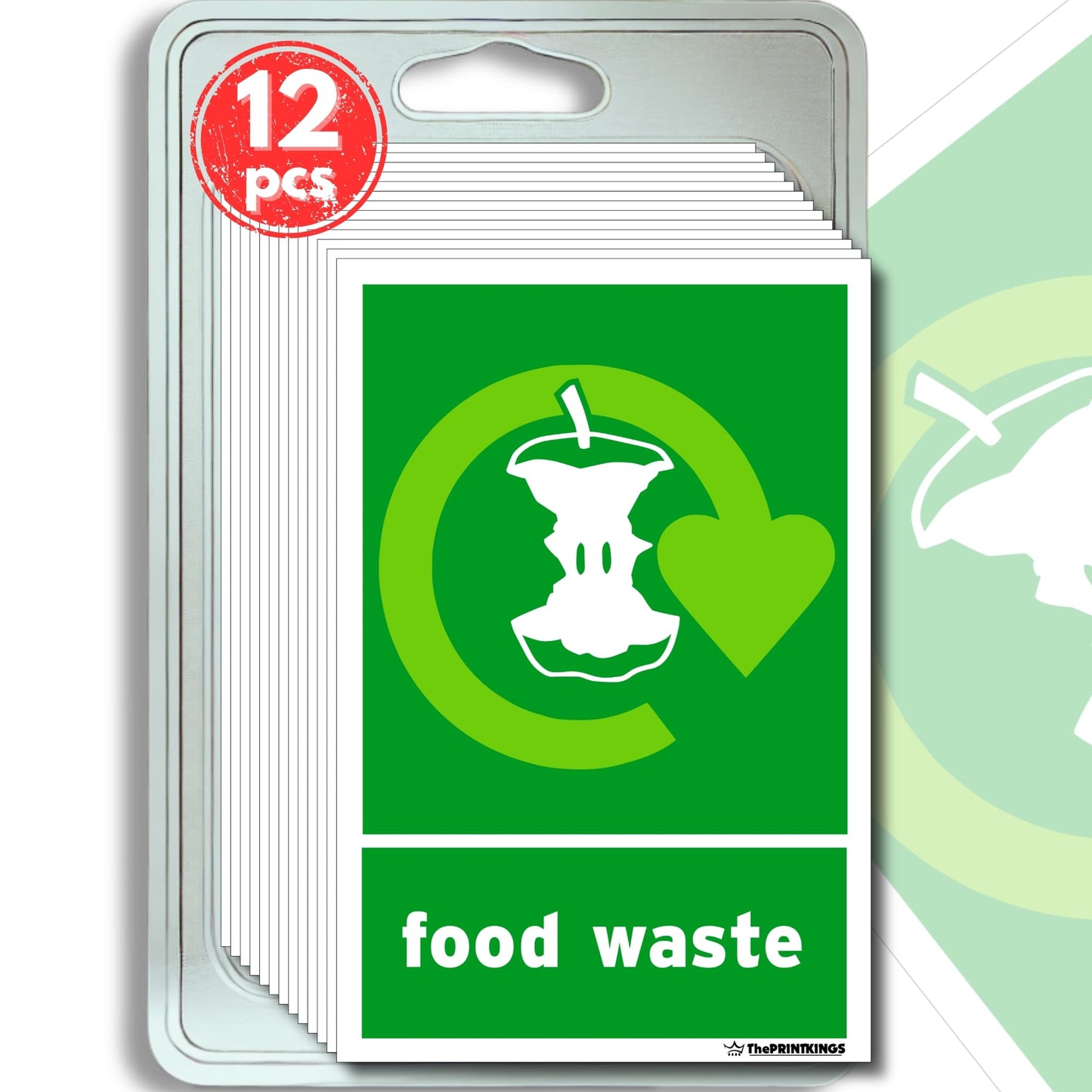 Packaging of 'food waste' signs with a green background and white text.