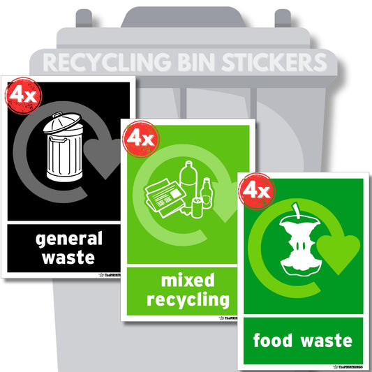 Recycling Stickers for Bins 12x Pack 100mm x 150mm – Mixed Recycling & Food Waste Self-Adhesive Vinyl Stickers, Waterproof Decals, Indoor Outdoor Recycle Signs – Food Waste, Made in UK by Printkings.