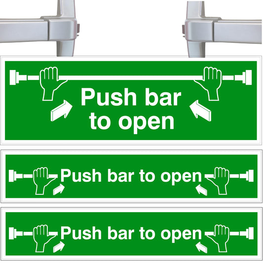 Three green signs with white text and symbols indicating 'Push bar to open'.