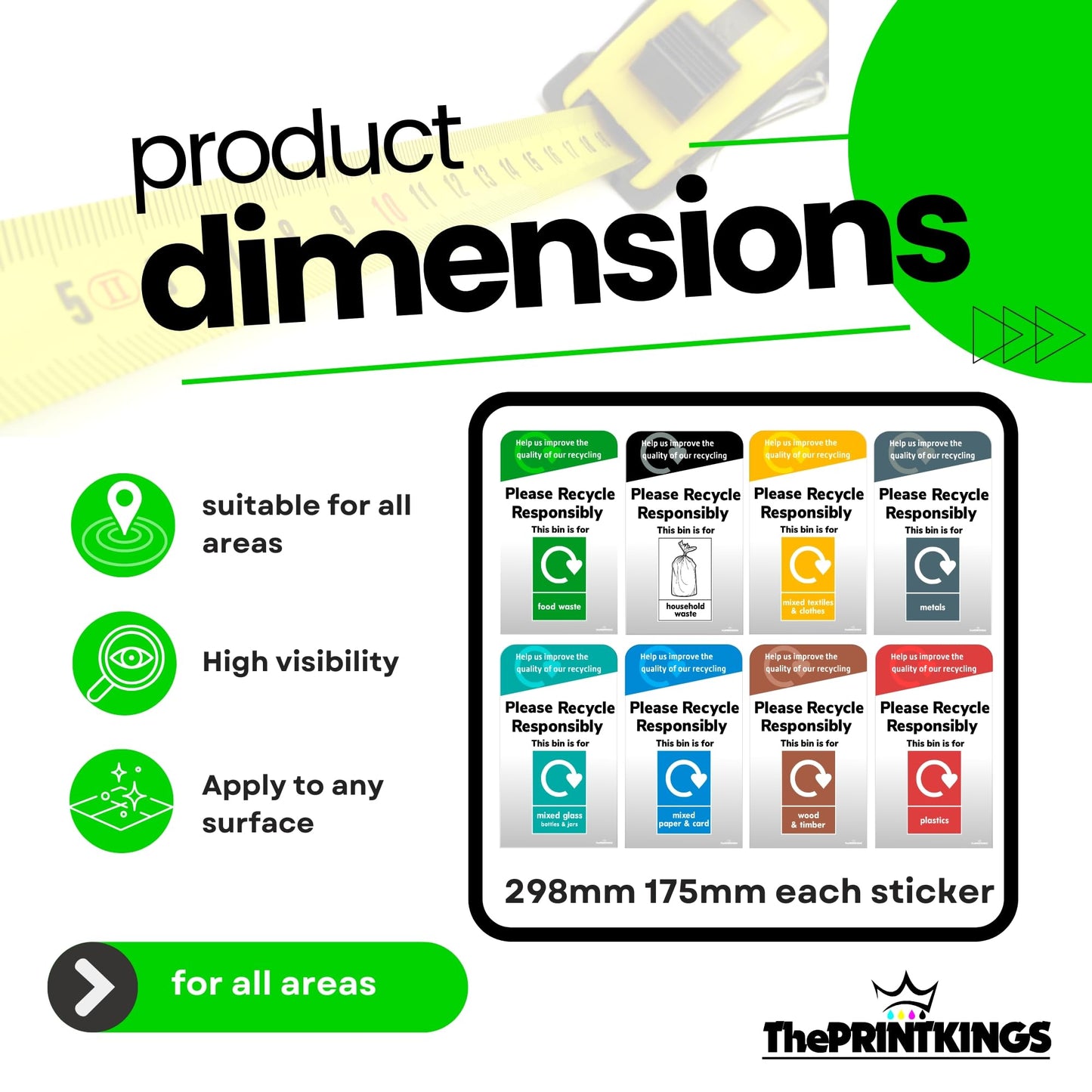 Product dimensions chart with recycling labels and The Print kings branding