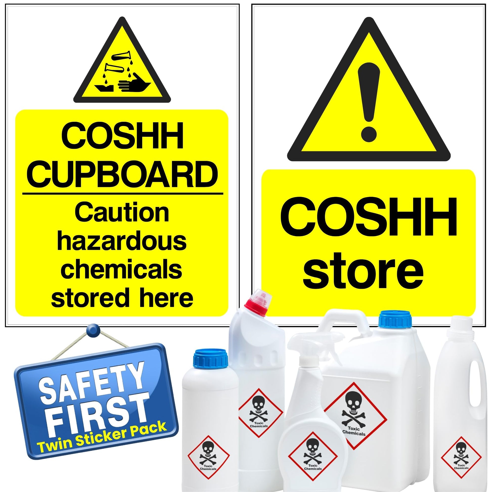 Set of COSHH signs and safety containers with hazardous symbols on a white background
