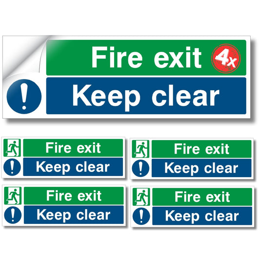 Set of fire exit and keep clear signs with multiple repetitions on a white background.