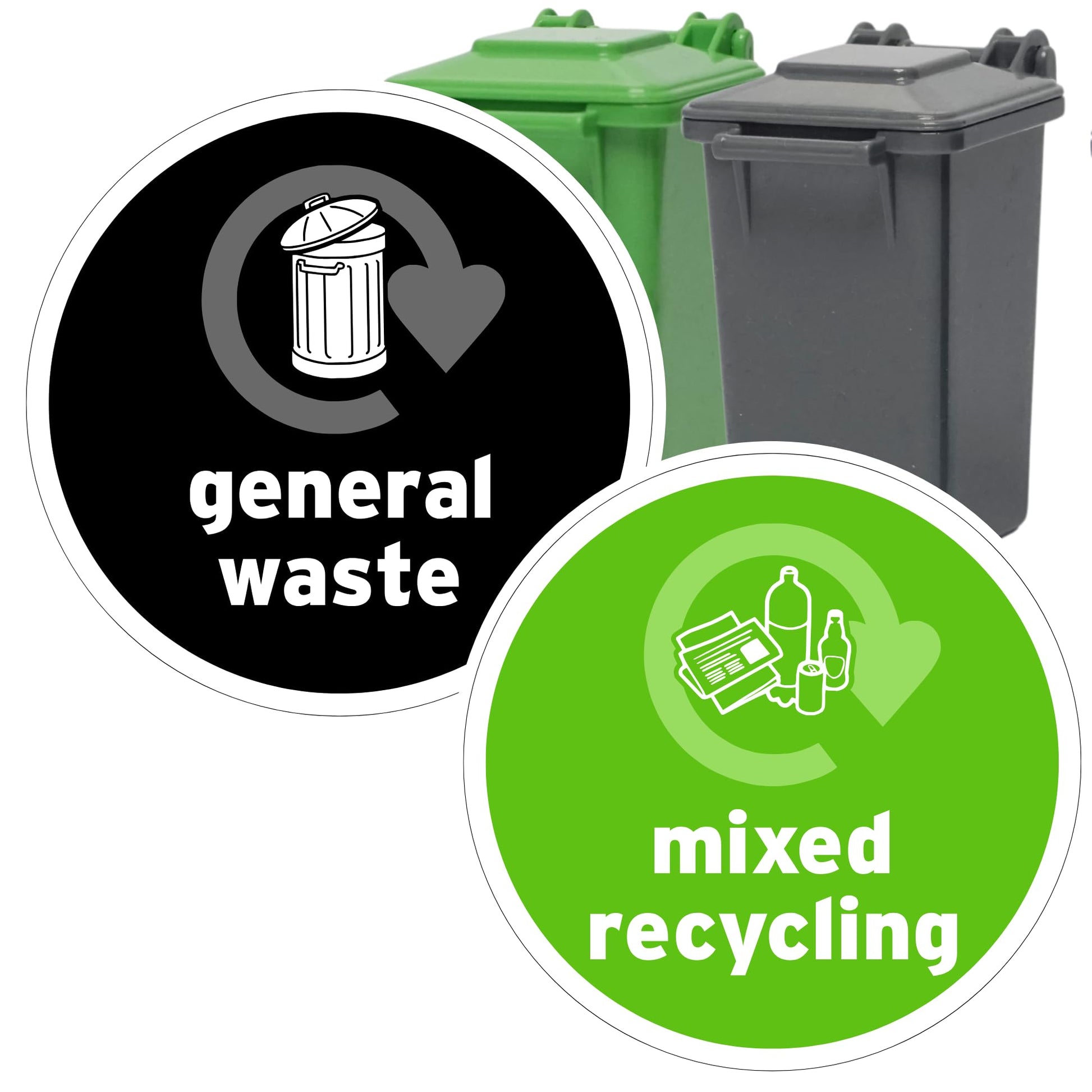 Two trash bins, one labeled 'general waste' and the other 'mixed recycling', with corresponding icons.
