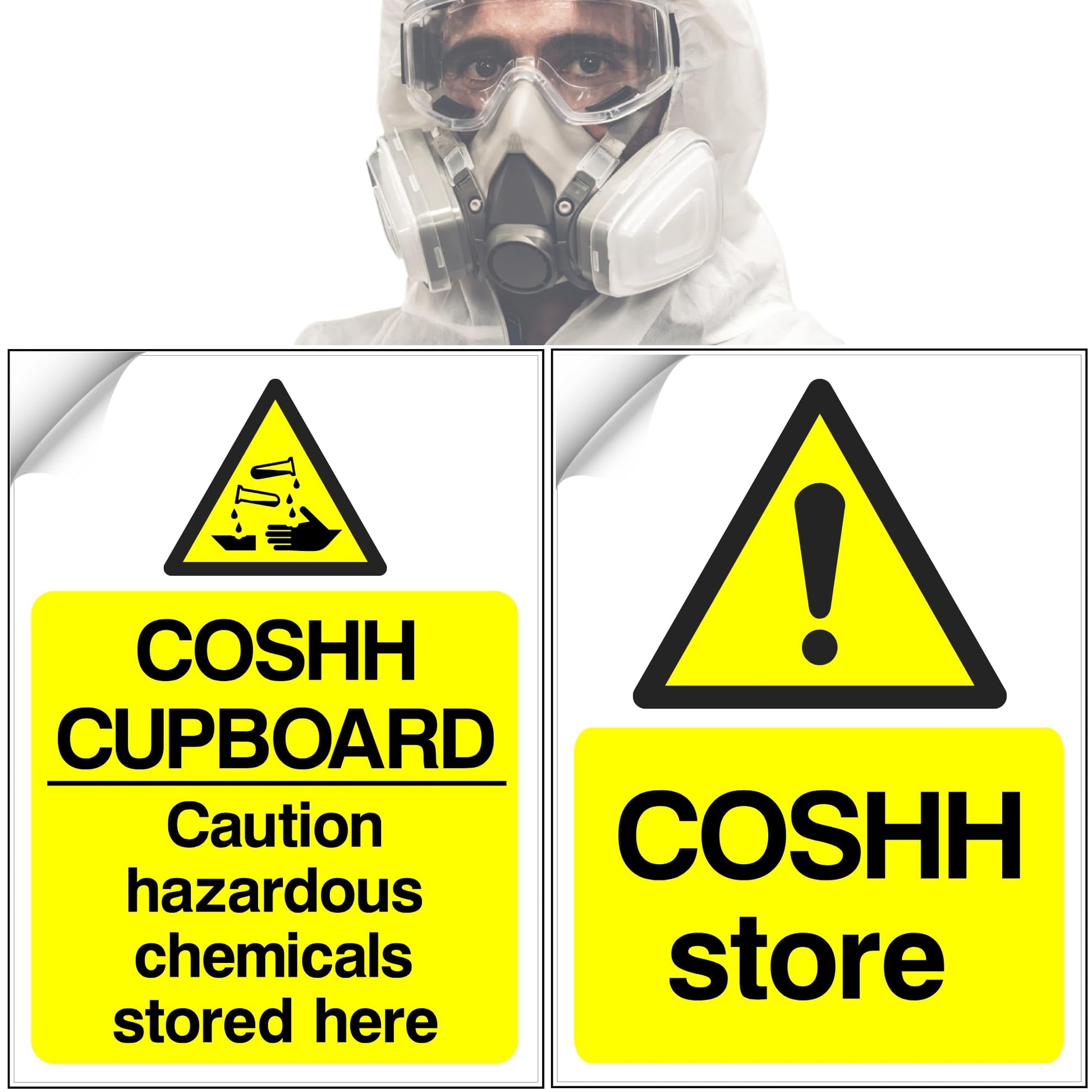 Person wearing a gas mask with safety signs indicating hazardous chemicals storage.