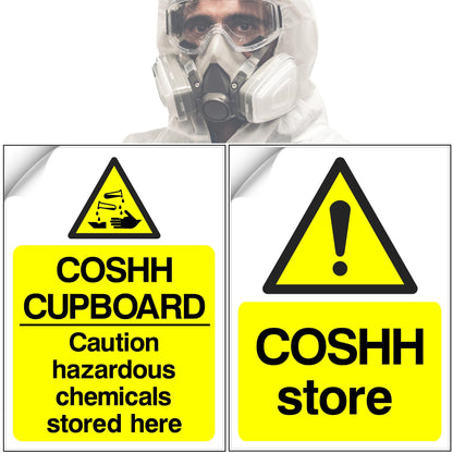 Person wearing a gas mask with safety signs indicating hazardous chemicals storage.