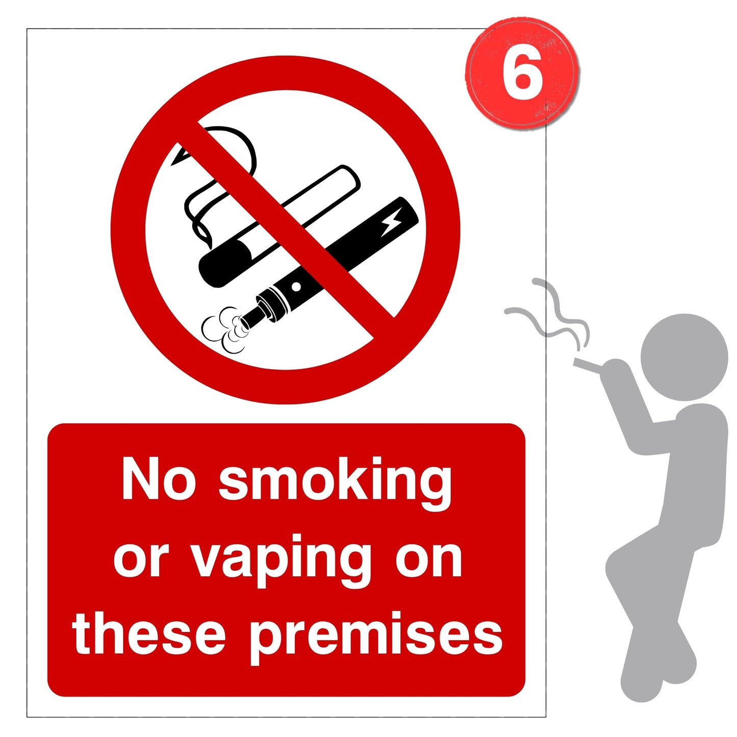 No smoking or vaping sign with a prohibition symbol and text on a white background.