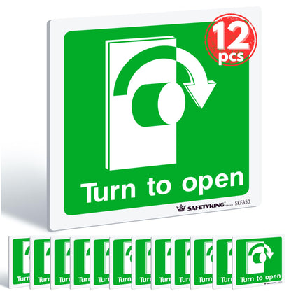 Packaging of 'Turn to open' signs with SafetyKing branding, showing 12 pieces.