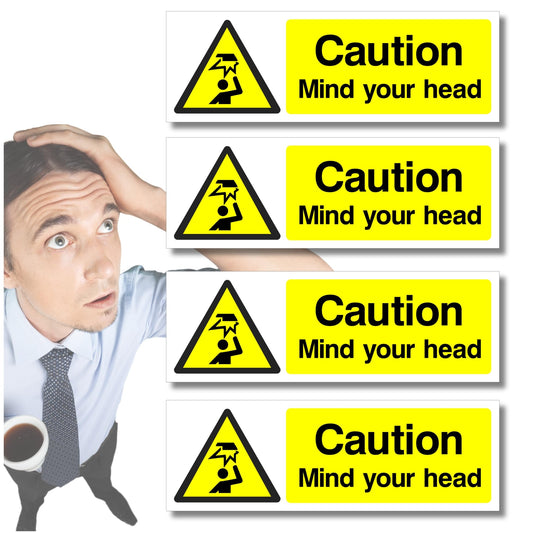 Mind your Head Sign Stickers, 4x pack 300mm x 100mm – Health and Safety, Self-Adhesive Vinyl Signs, Waterproof Decals, Indoor Outdoor, Made in UK by Printkings.
