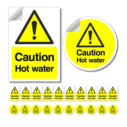 Collection of caution signs warning about hot water on a white background