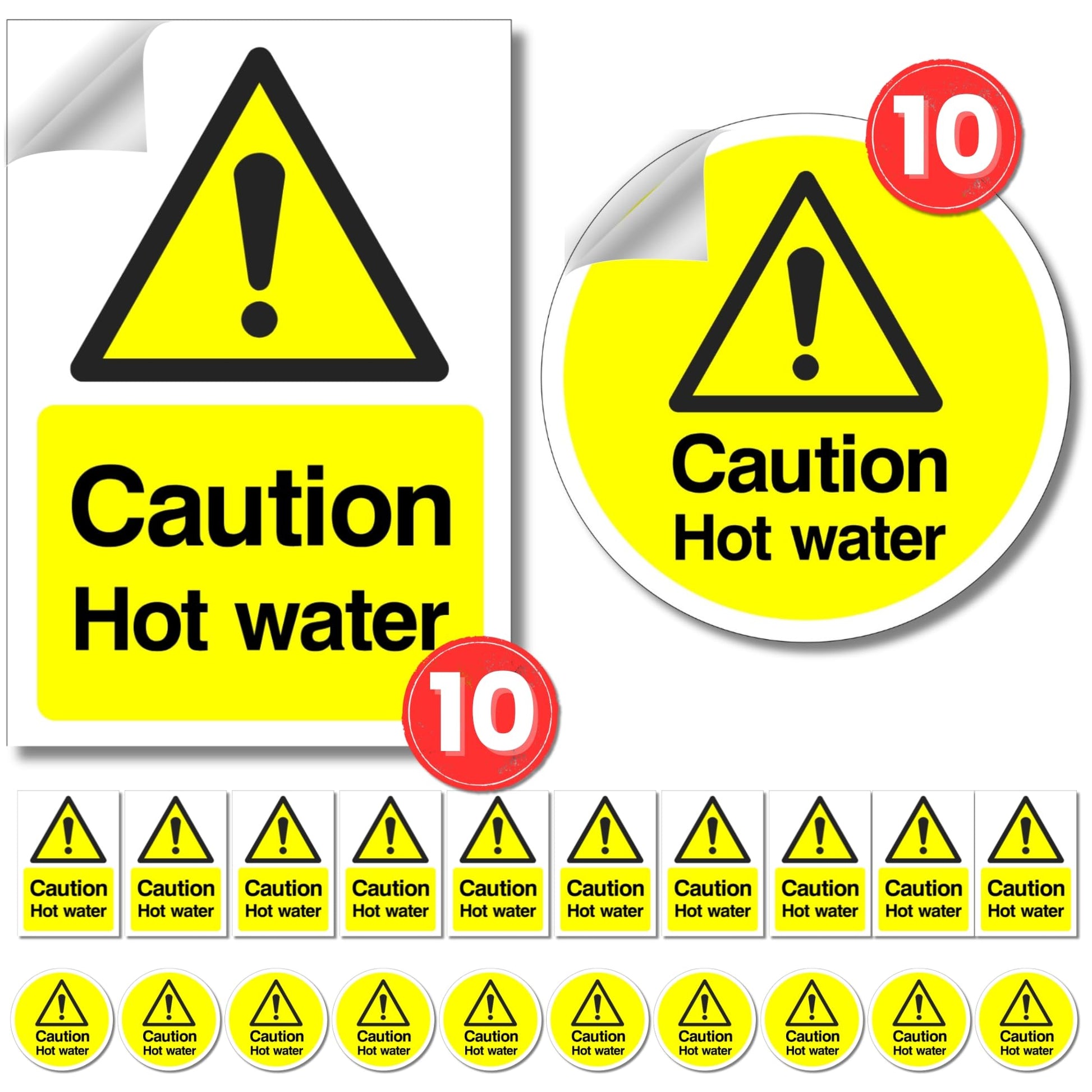 Collection of 'Caution Hot Water' signs in various shapes and sizes.
