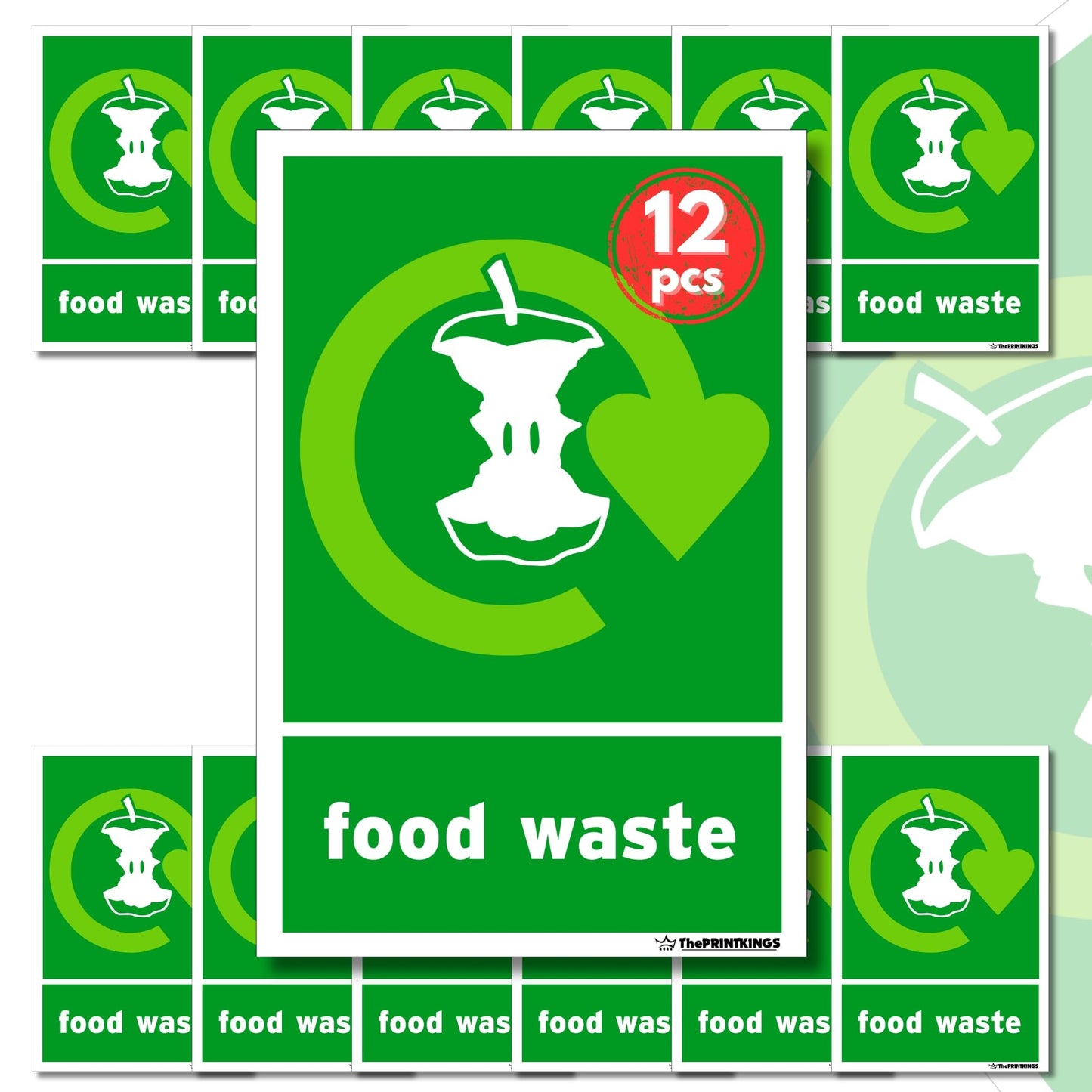 Collection of green 'food waste' signs with a central large sign and smaller ones around it.
