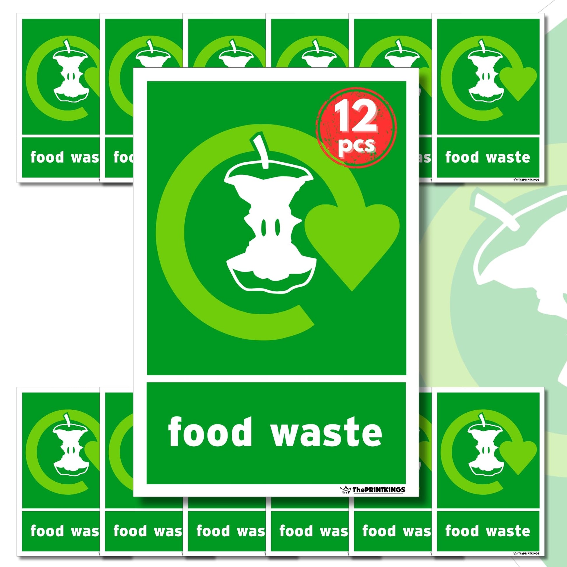 Collection of green 'food waste' signs with a central large sign and smaller ones around it.
