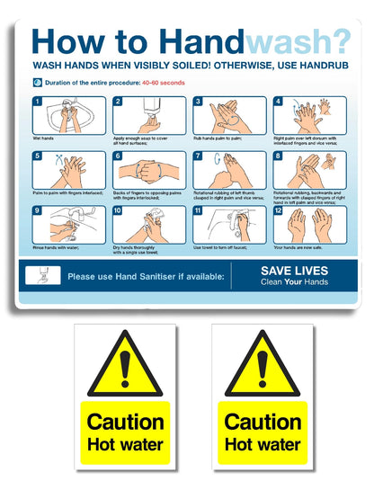 How to Wash your Hands Sign & Caution Hot water Stickers 3pcs set