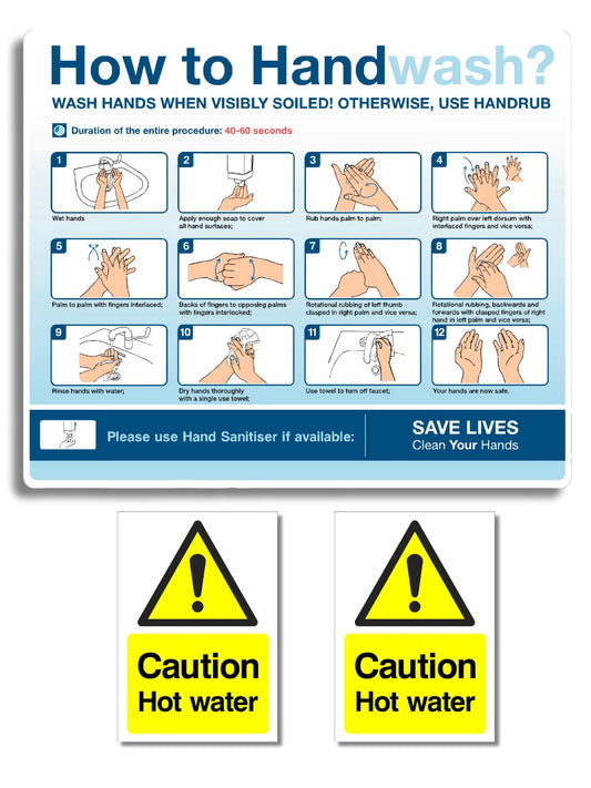 How to Wash your Hands Sign & Caution Hot water Stickers 3pcs set