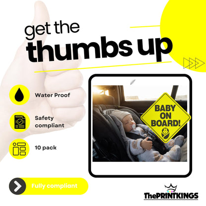 Advertisement for baby car seat with 'Baby on Board' sign and 'The Print kings' branding.