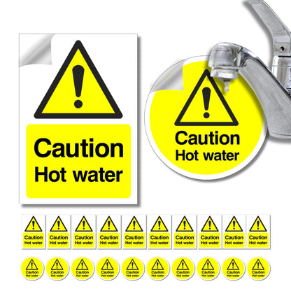 Set of 'Caution Hot Water' signs in various shapes and sizes with a spray gun.