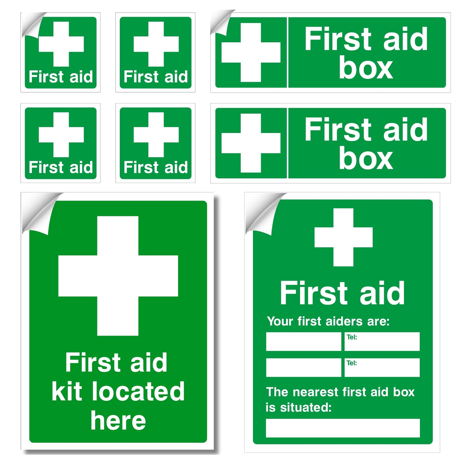 Set of green first aid signs with white text and symbols on a white background