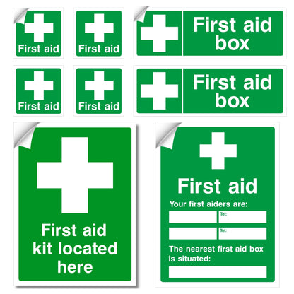 Set of green first aid signs with white text and symbols on a white background