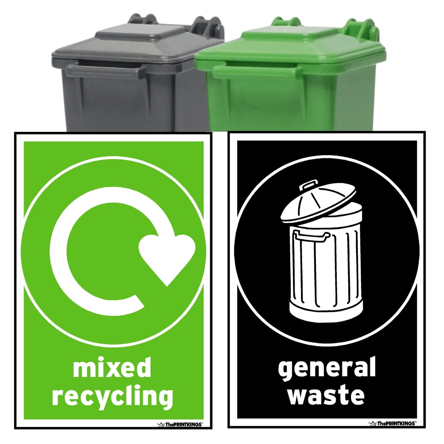 Two recycling bins, one green and one gray, with corresponding recycling and general waste signs.