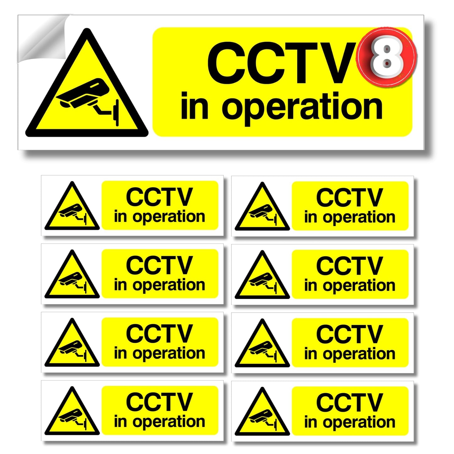 Set of CCTV in operation signs with yellow and black color scheme.