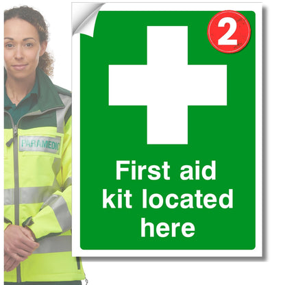 First Aid kit Located here Safety Signs Self adhesive vinyl stickers 2pc or 4pc