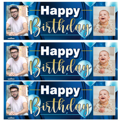 Three identical birthday banners with photos of a man and a baby, and 'Happy Birthday' text.