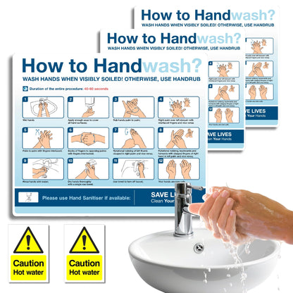 How to Wash Your Hands Sign & Caution Hot Water Stickers 5pcs Set