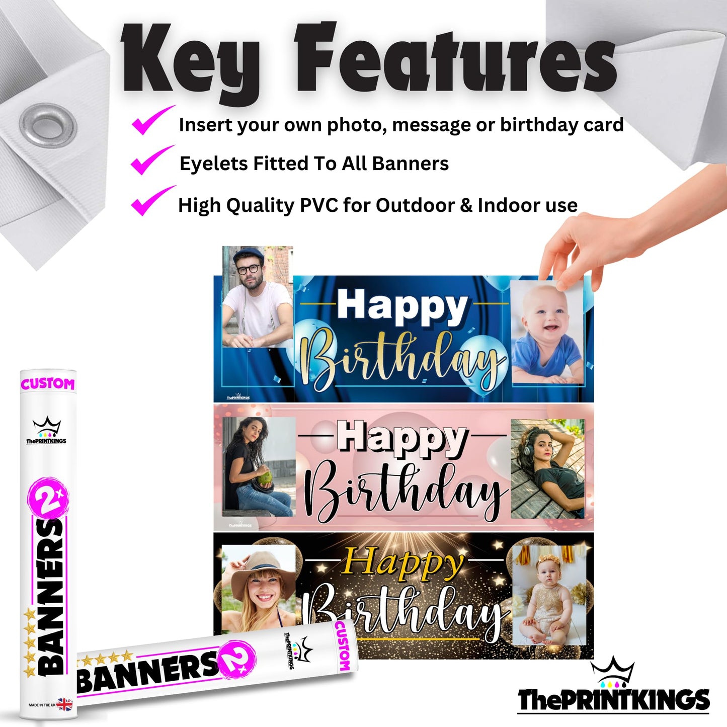 Happy Birthday banner with customizable features and ThePrintKings branding.