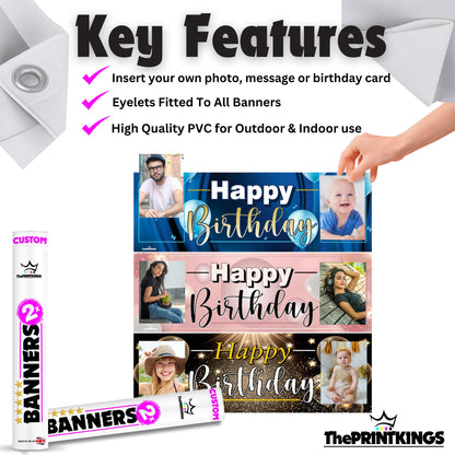 Happy Birthday banner with customizable features and ThePrintKings branding.