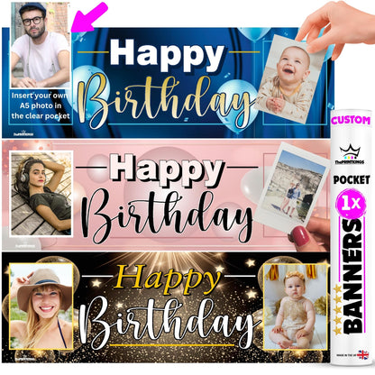 Three customizable birthday banners with photo pockets for inserting personal photos.