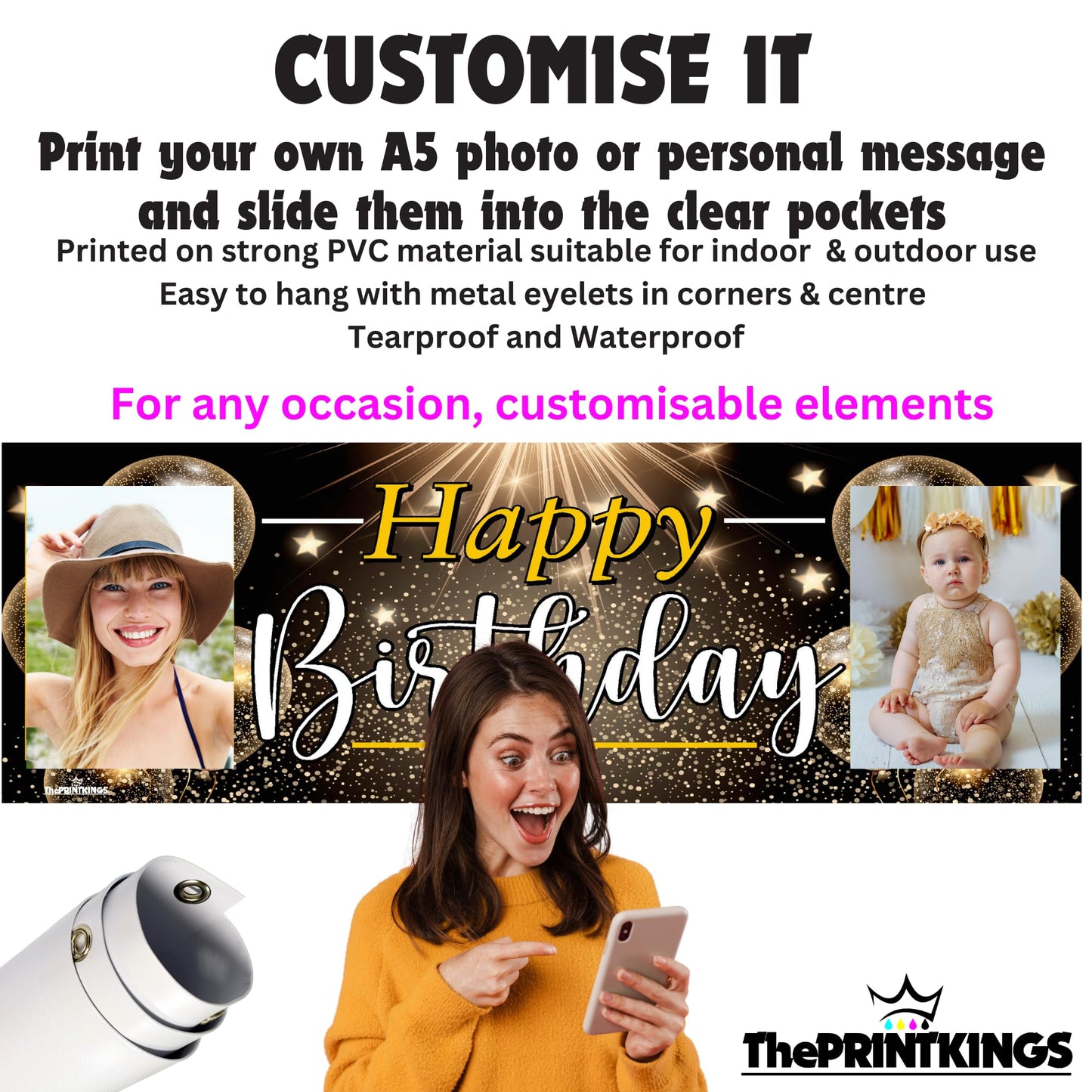 Promotional image of customizable birthday banner with text and images, featuring a woman and child.