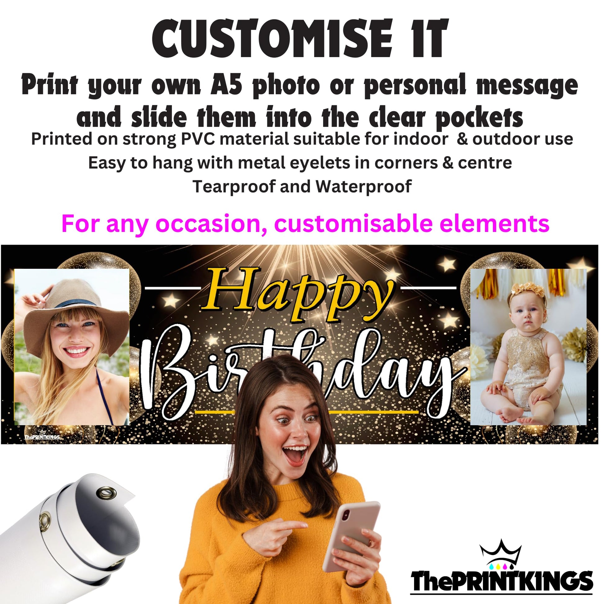 Promotional image of customizable birthday banner with text and images, featuring a woman and child.