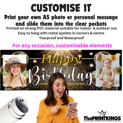 Promotional image of customizable birthday banner with text and images, featuring a woman and child.