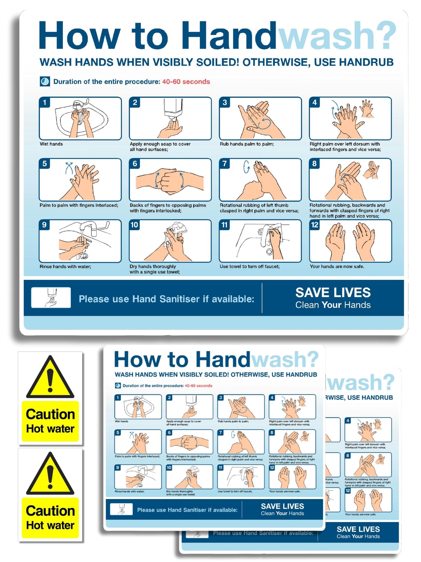 How to Wash Your Hands Sign & Caution Hot Water Stickers 5pcs Set
