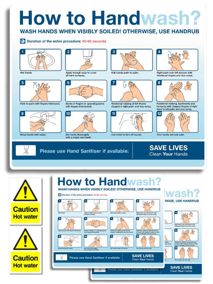 How to Wash Your Hands Sign & Caution Hot Water Stickers 5pcs Set