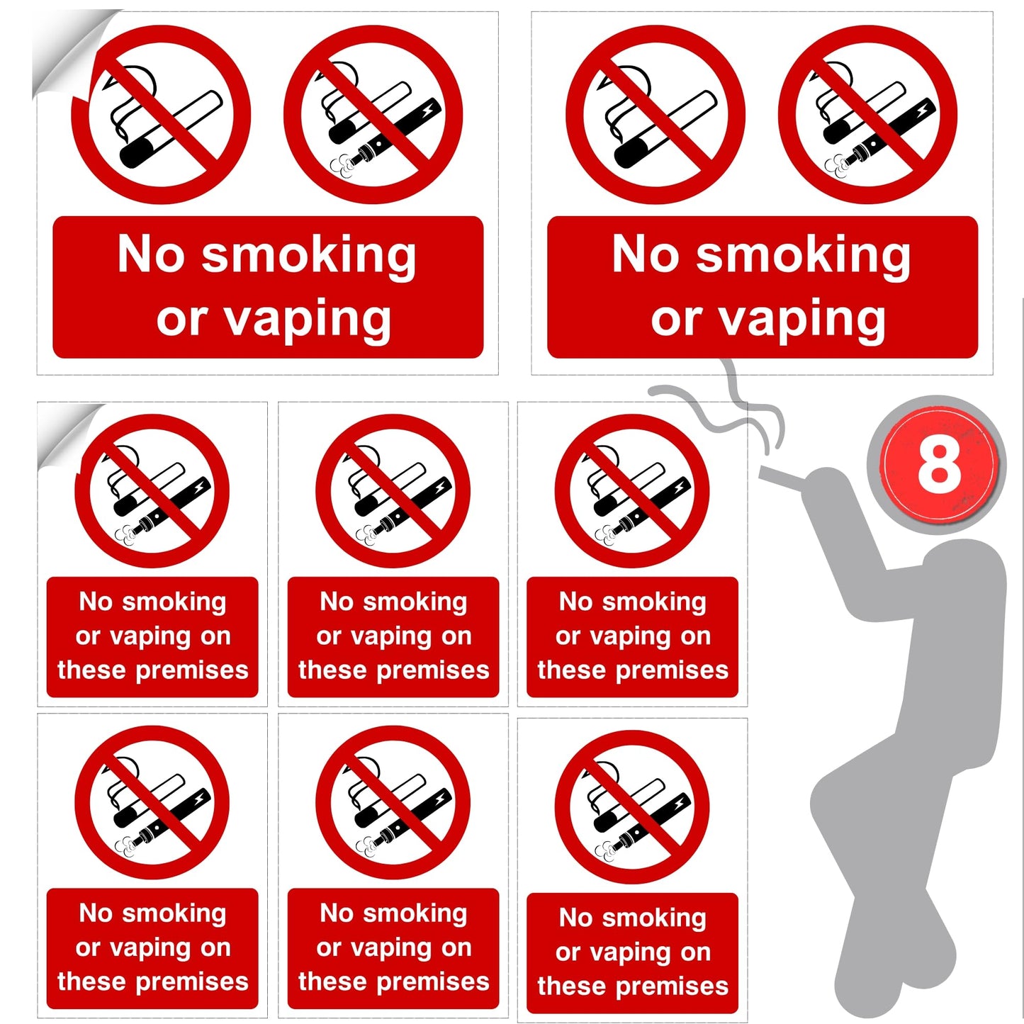 Collection of 'No smoking or vaping' signs with a silhouette of a person on a white background.